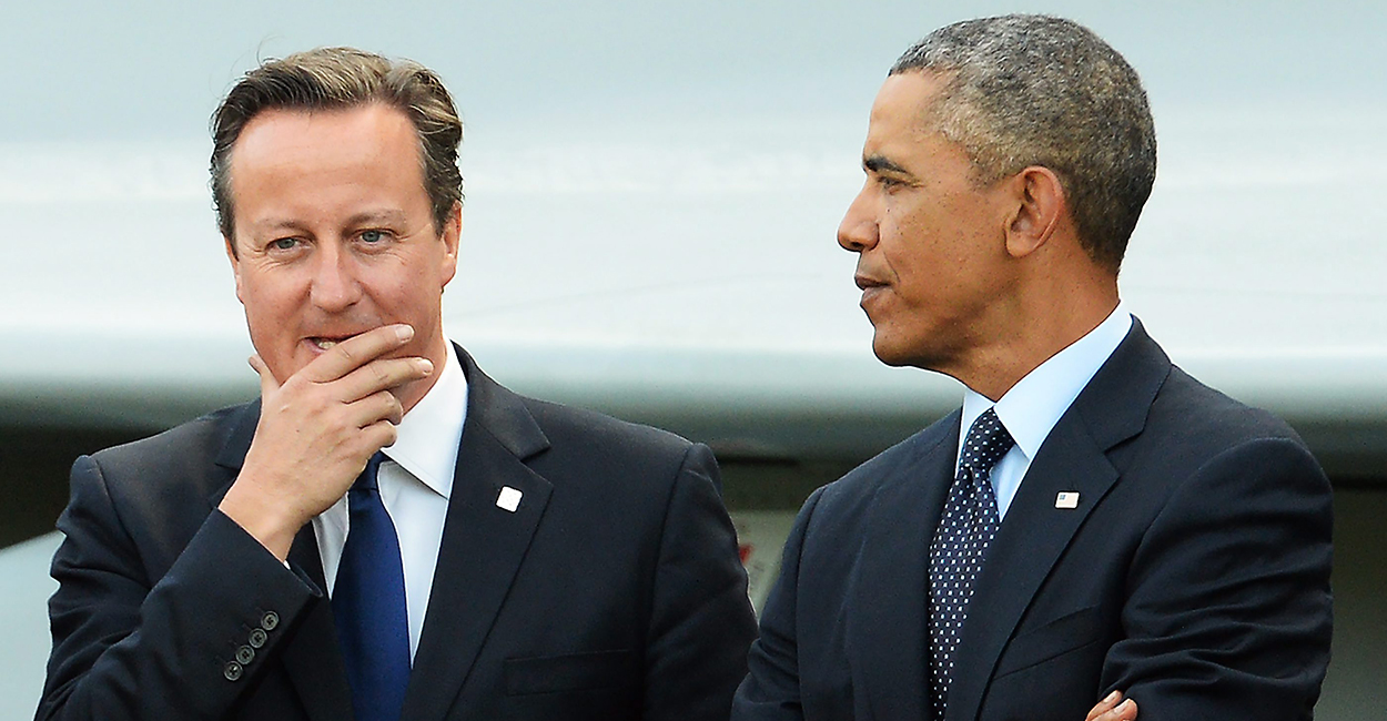 epa04385343 British Prime Minister David Cameron (L) and US President Barack Obama talk as Heads of State and Government gather to watch a military fly past in front of a Typhoon fighter jet during the NATO Summit 2014 at the Celtic Manor Resort in Newport, Wales, Britain, 05 September 2014. World leaders from about 60 countries are coming together for a two-day NATO summit taking place from 04-05 September.  EPA/FACUNDO ARRIZABALAGA (Newscom TagID: epalive346058.jpg) [Photo via Newscom]